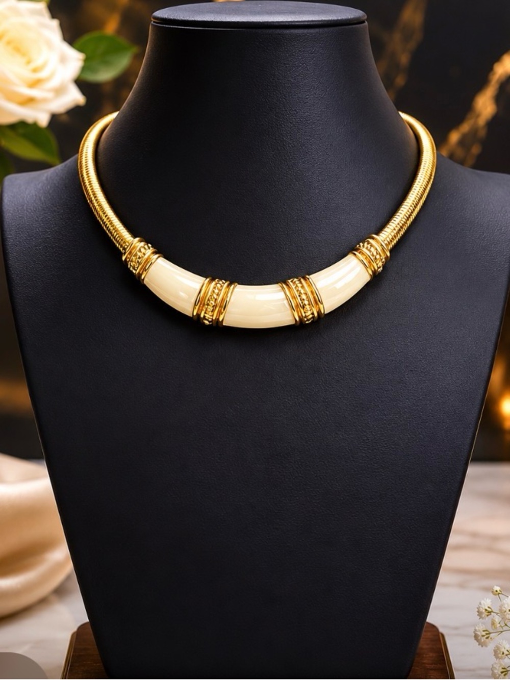 MONET 1980s Vintage Gold and Ivory Enamel Omega Tubogas Collar Necklace - Picture 2 of 16